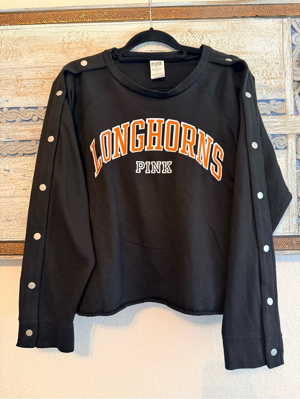 PINK Victoria's Secret Black "Longhorns" Snap-Sleeve Sweatshirt